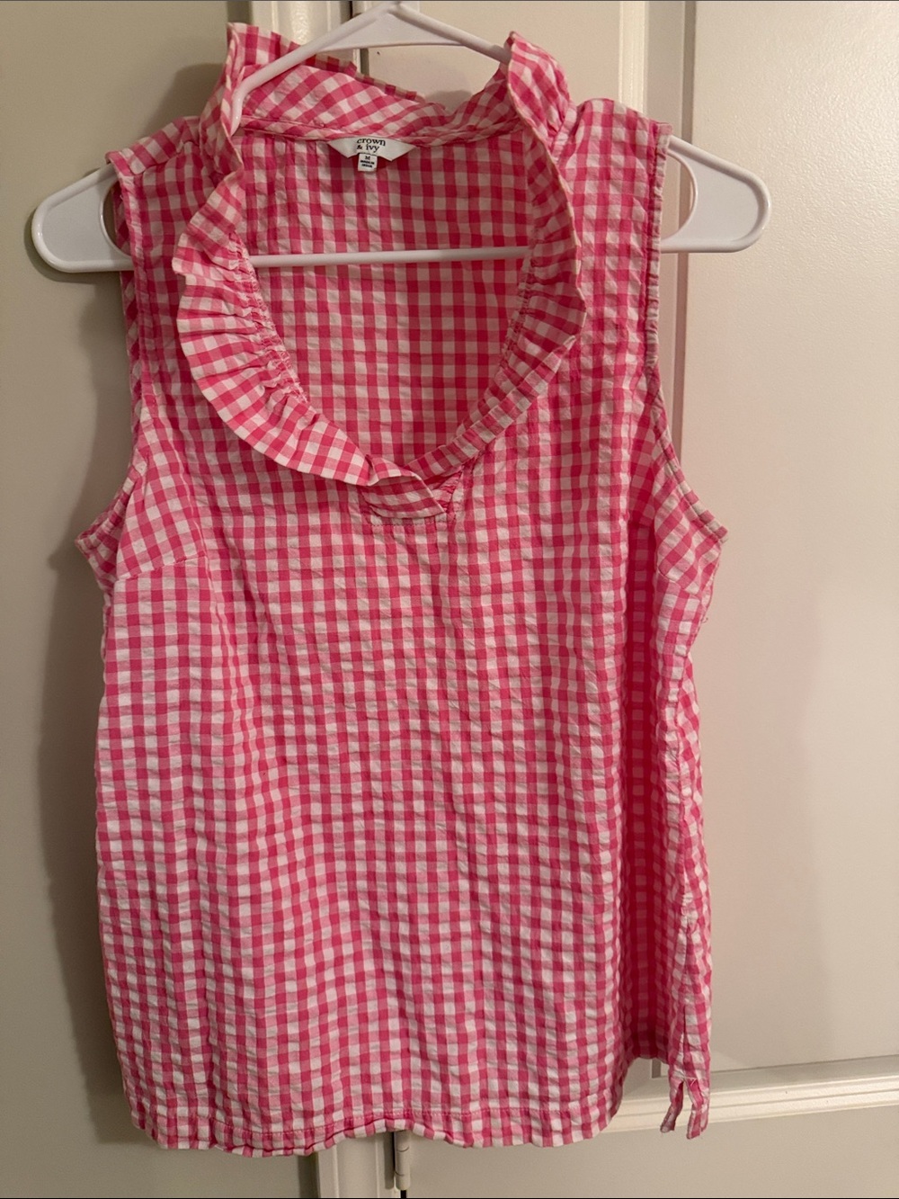 crown & ivy Pink and White Gingham Ruffle Neck Sleeveless Top